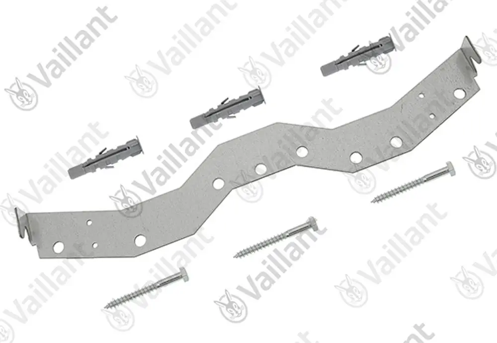 Montierte Halterung aus Metall mit mehreren Befestigungslöchern, ergänzt durch Schrauben und Dübel, geeignet für Anwendungen mit Vaillant-Produkten.